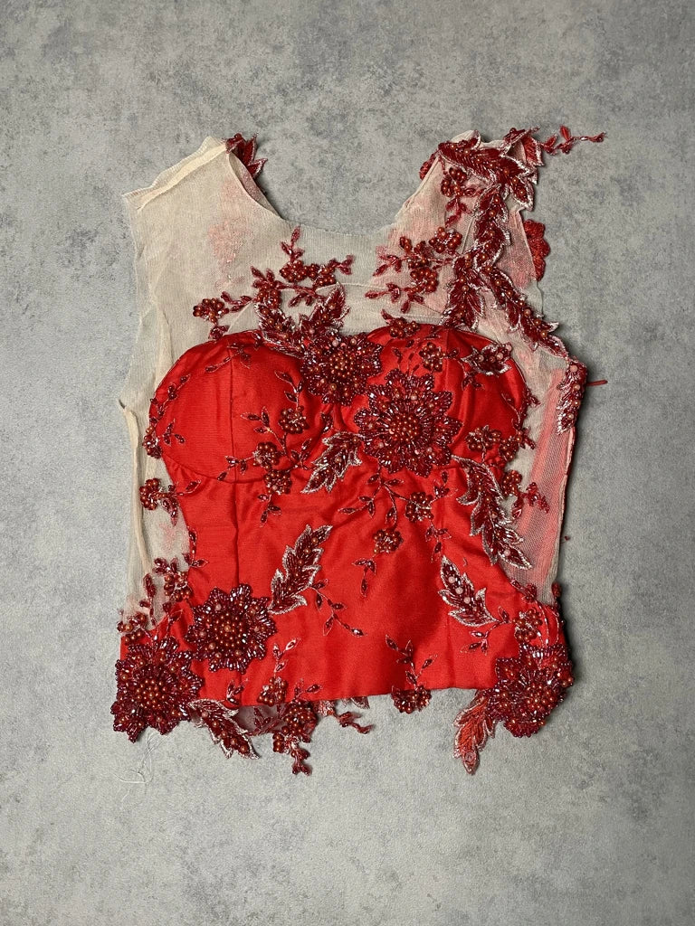 Red Floral Top with Paillettes