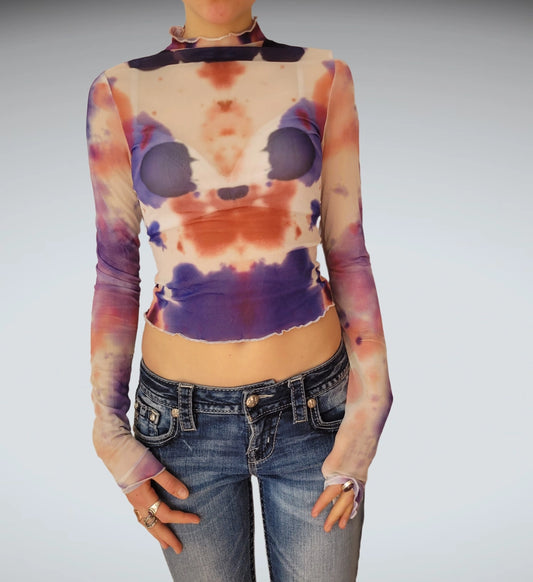 Tie-Dye Sheer Mesh Longsleeve Top (S)