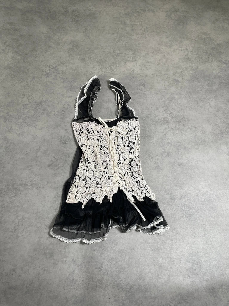 black lingerie dress with white lace (S)