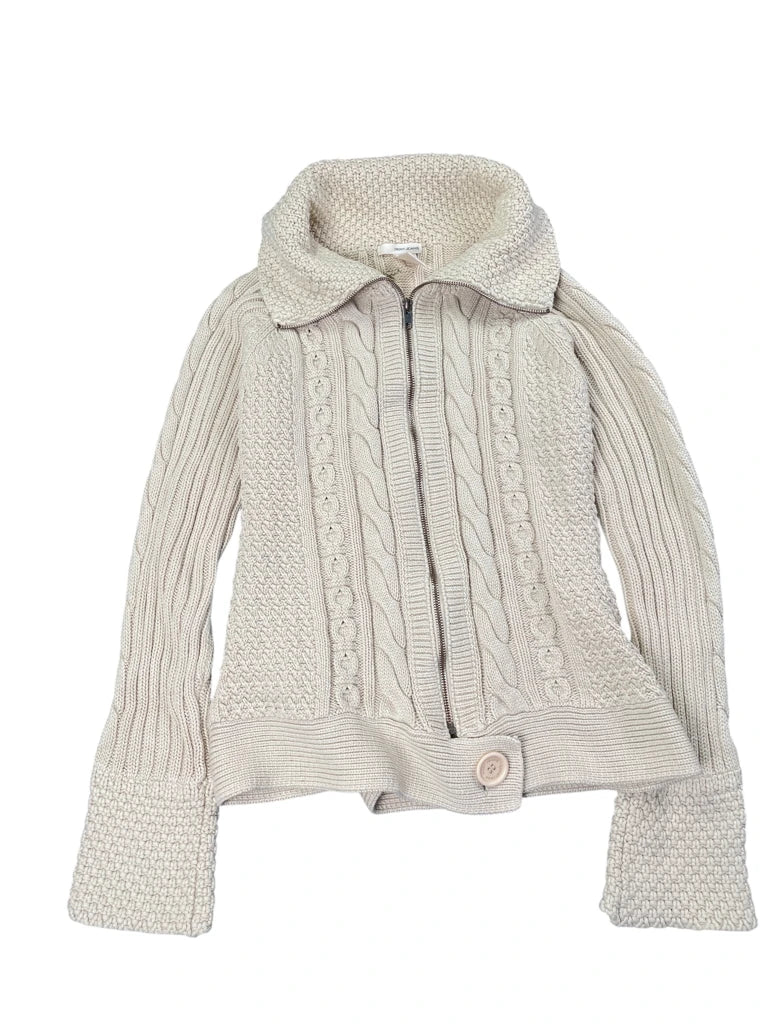 Beige High-Collar Wool Blend Cable Knit Sweater (L)