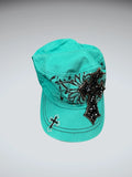 Turquoise Rhinestone Cross Military Cap (ONESIZE)