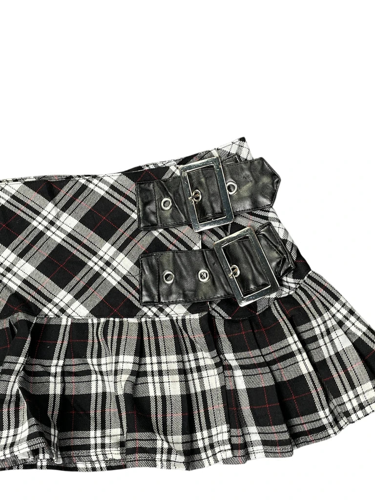 Hell Bunny Punk Plaid Pleated Skirt with Buckles (XS)