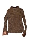 Retro Brown Satin Collar Embellished Button-Up (S)