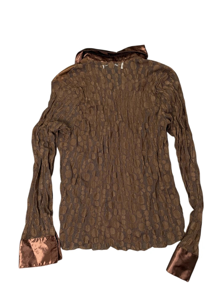 Retro Brown Satin Collar Embellished Button-Up (S)