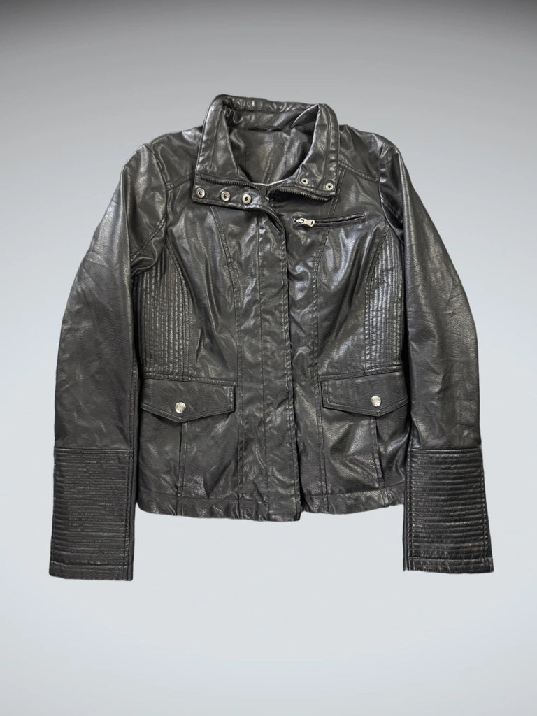Vintage Black Genuine Leather Pocket Jacket Women (M)