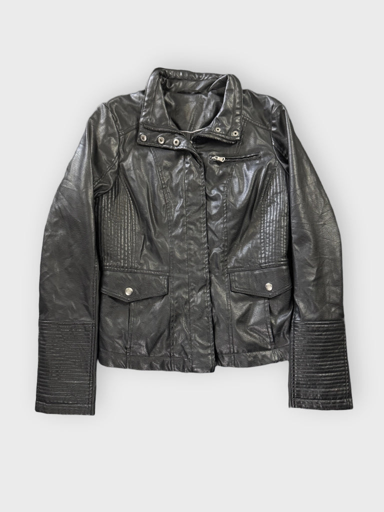 Vintage Black Genuine Leather Pocket Jacket Women (M)