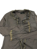 Grey Ruffled Button-Up Blouse with Lace Trim (L)