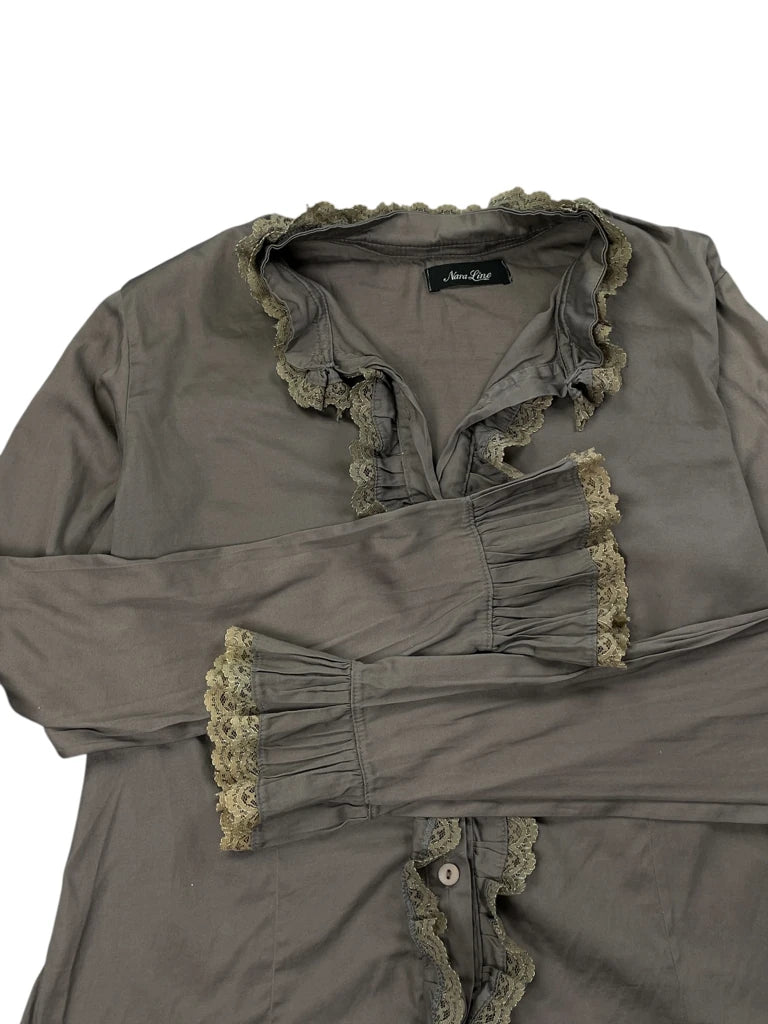 Grey Ruffled Button-Up Blouse with Lace Trim (L)