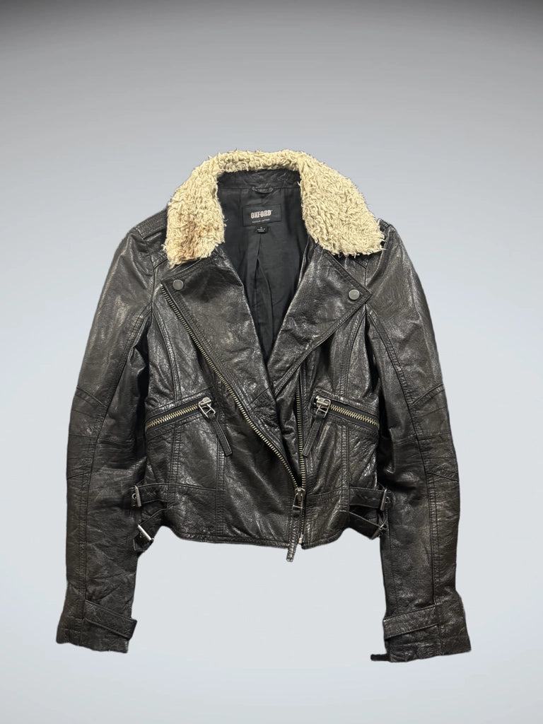Oxford Black Fur Neck Leather Jacket (S)