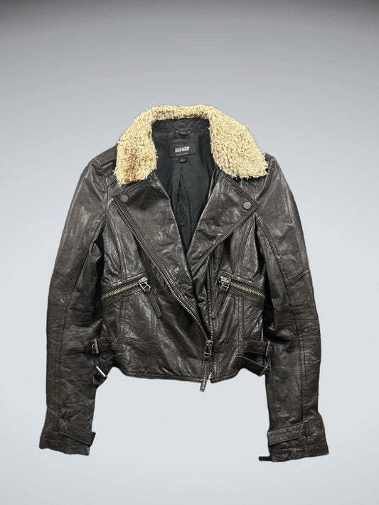 Oxford Black Fur Neck Leather Jacket (S)