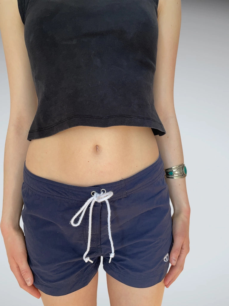 Retro Navy Blue Sport Shorts White Drawstring Vintage Swimwear (S)