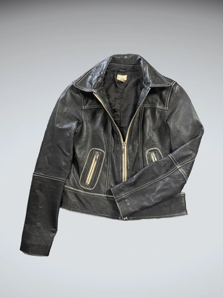 Vintage Black Faux Leather Jacket with Yellow Detail Women (XS)