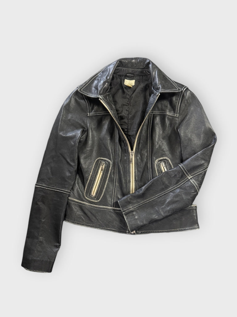 Vintage Black Faux Leather Jacket with Yellow Detail Women (XS)