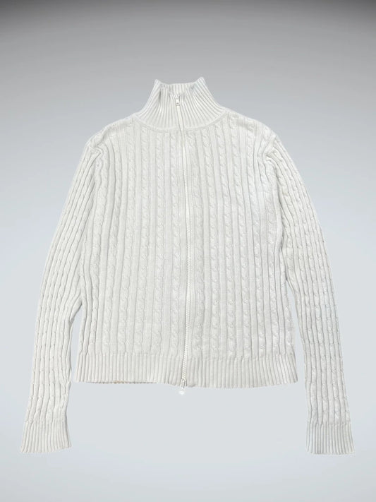 White Cable Knit Zip-Up Sweater (M)