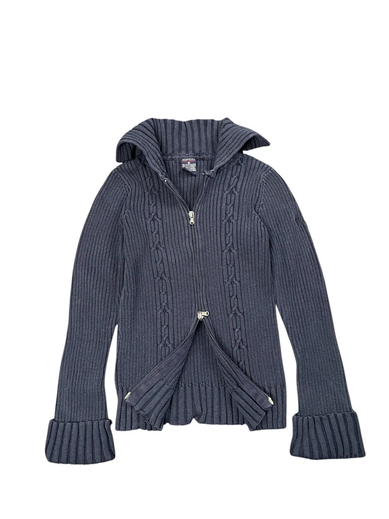 Navy Cable Knit Sweater with Folded Cuffs (S)