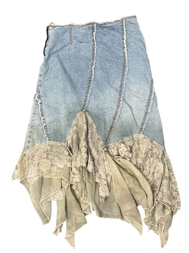 Boho Floral Embroidered Denim Skirt (S)