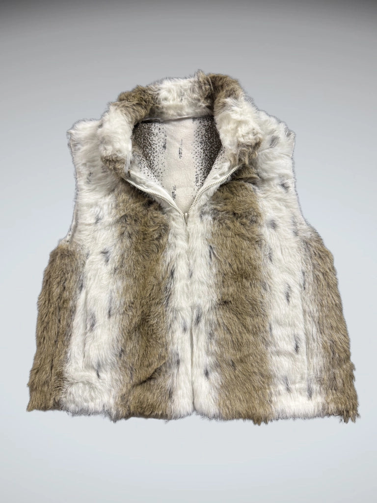 Vintage White Brown Faux Fur Vest Women (L)