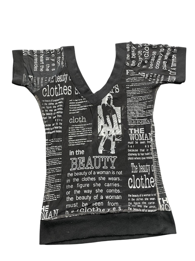 Black Text Print V-Neck Top (M)