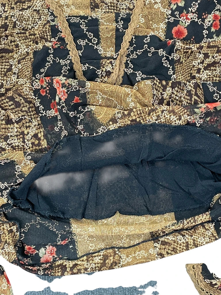 Earthtone Floral V-Neck Boho Blouse (S)