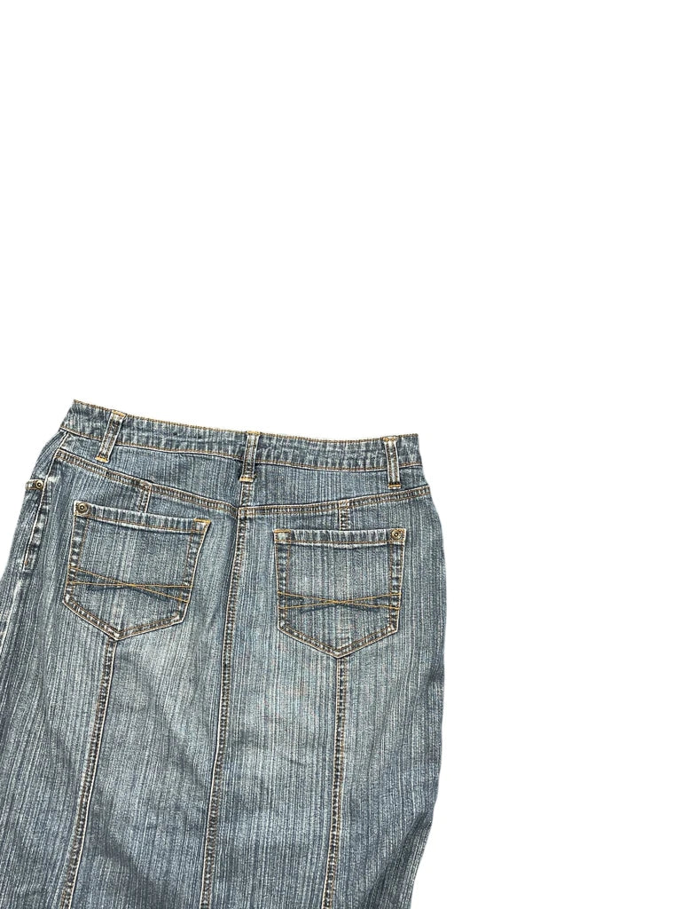 Long Blue Denim Skirt with Panel Design (S)