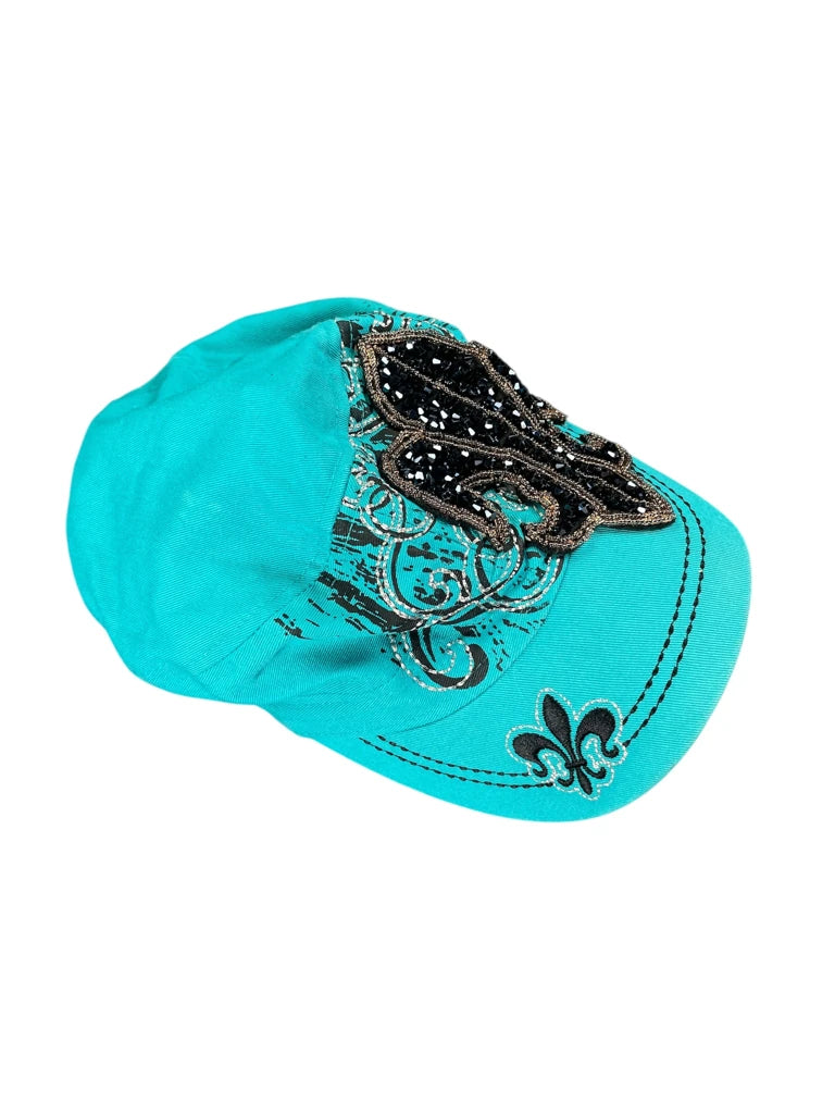 Turquoise Fleur-de-Lis Embellished Cap (ONESIZE)