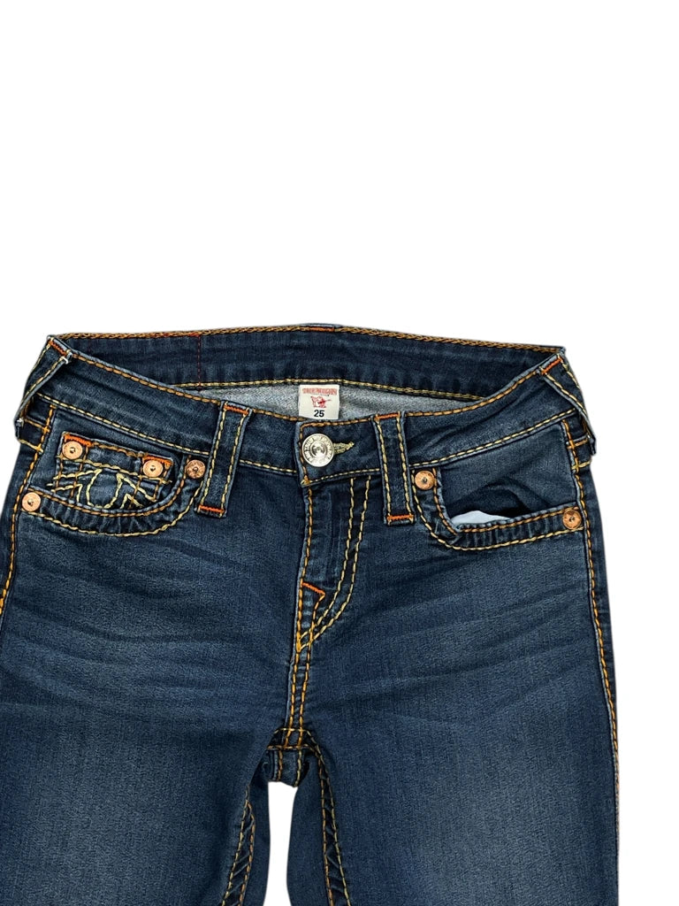 Dark Blue Skinny Jeans with Orange Stitch Accents (XS)