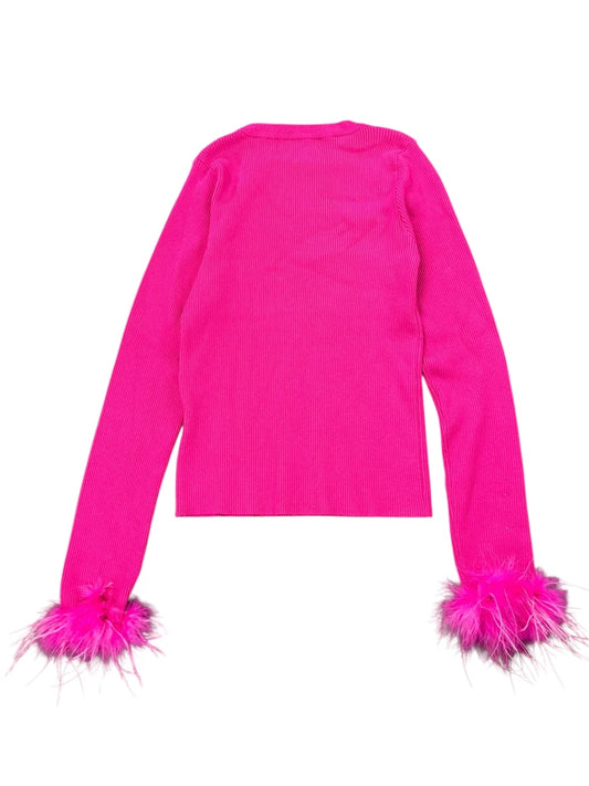 Hot Pink Knit Sweater with Feather Cuffs (XS)