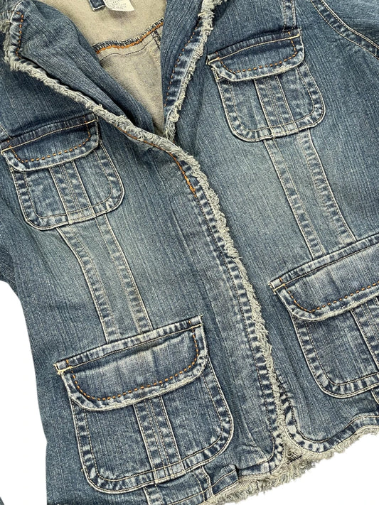 Live a Lill Frayed Hem Denim Blazer Jacket (L)