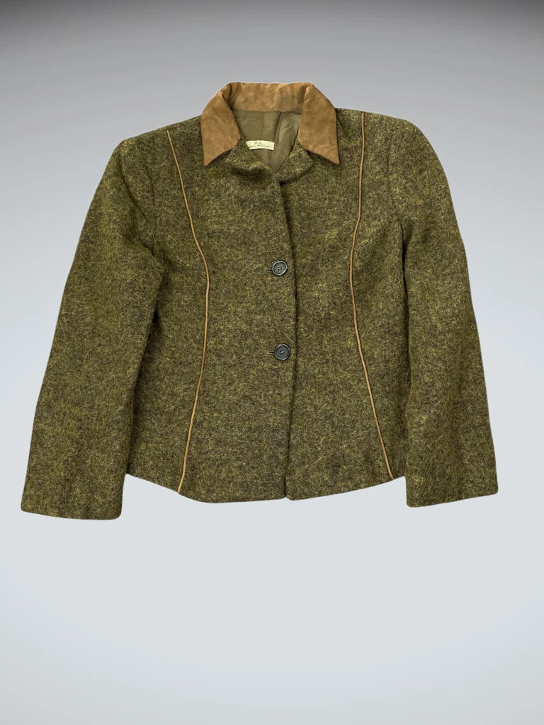 Vintage Green Wool-Blend Blazer with Suede Collar (L)