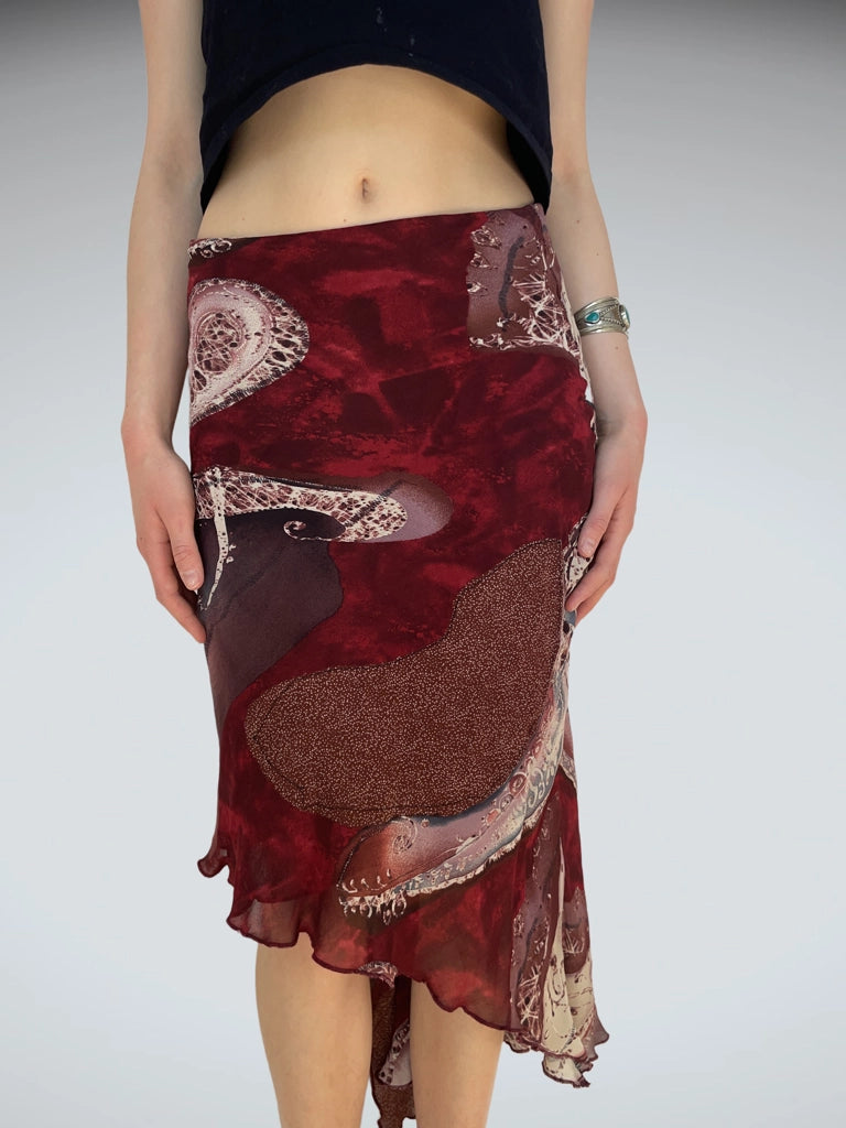 Romantic Burgundy Mesh Midi Skirt Low Rise Asymmetric Hem (XS)