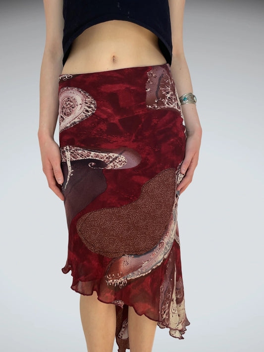 Romantic Burgundy Mesh Midi Skirt Low Rise Asymmetric Hem (XS)