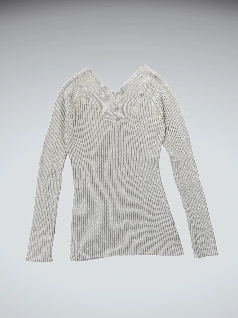 Grey Shimmer V-Cut Knit Sweater (S)