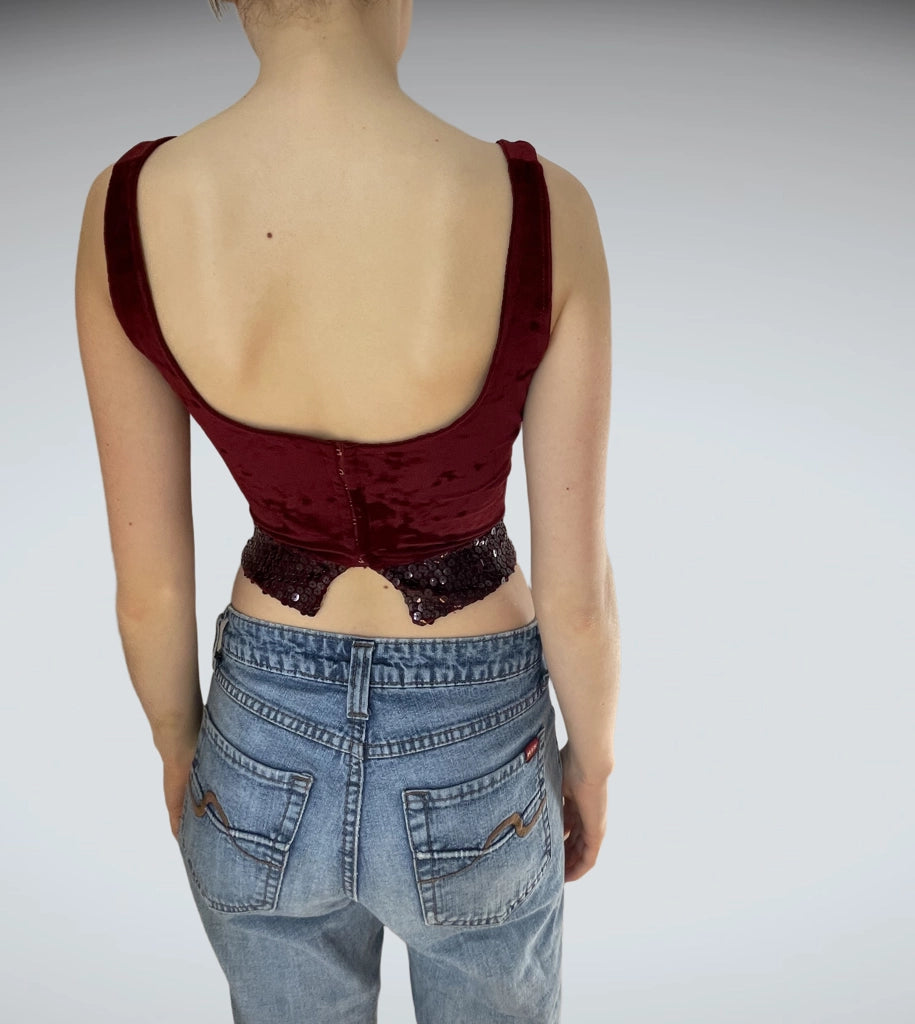 Deep Red Velvet Sequin Bustier Crop Top Party Vintage (XS)