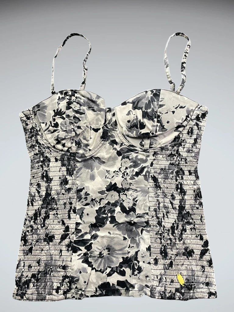 Beige black baroque print top (M)