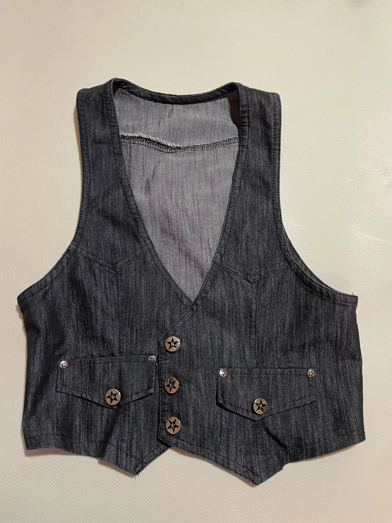 Dark Wash Denim Vest Star Button Accents Grunge Western (S)