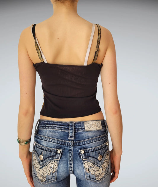 Sleek Y2K Snake Print Mesh Camisole Top Black Gold (M)