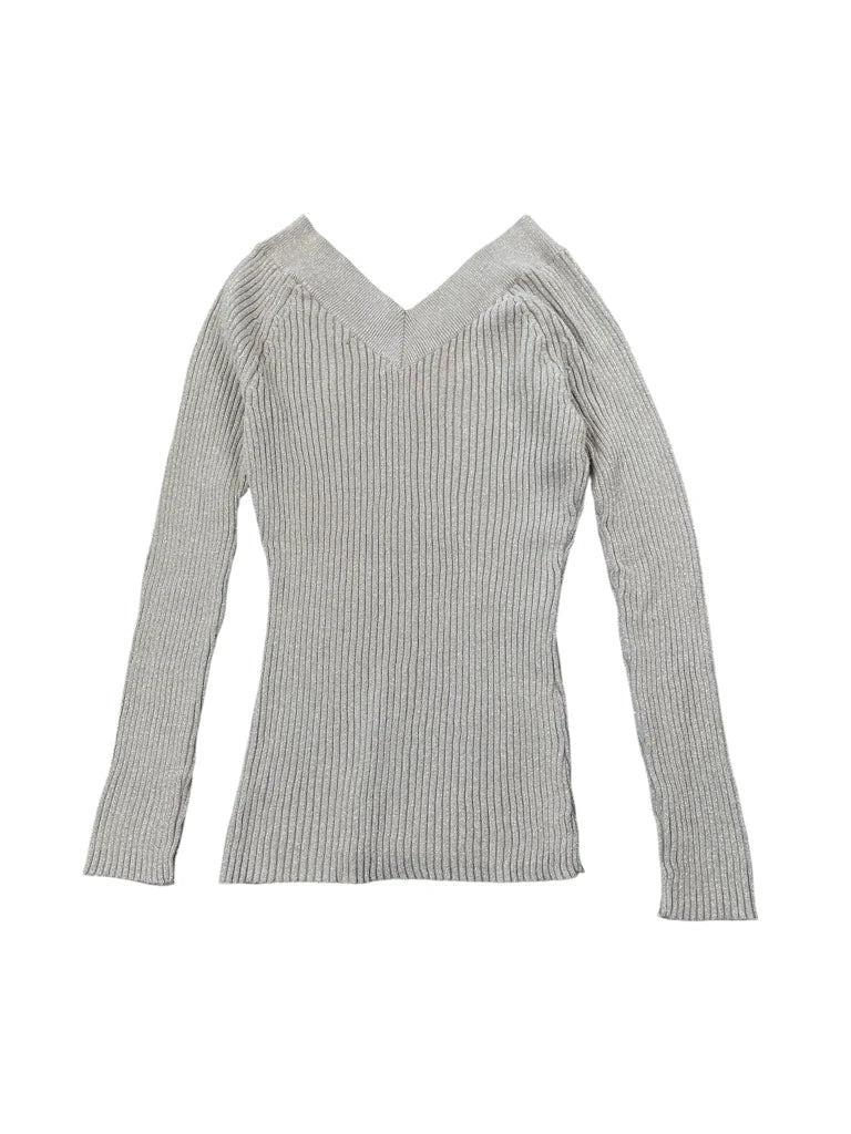 Grey Shimmer V-Cut Knit Sweater (S)