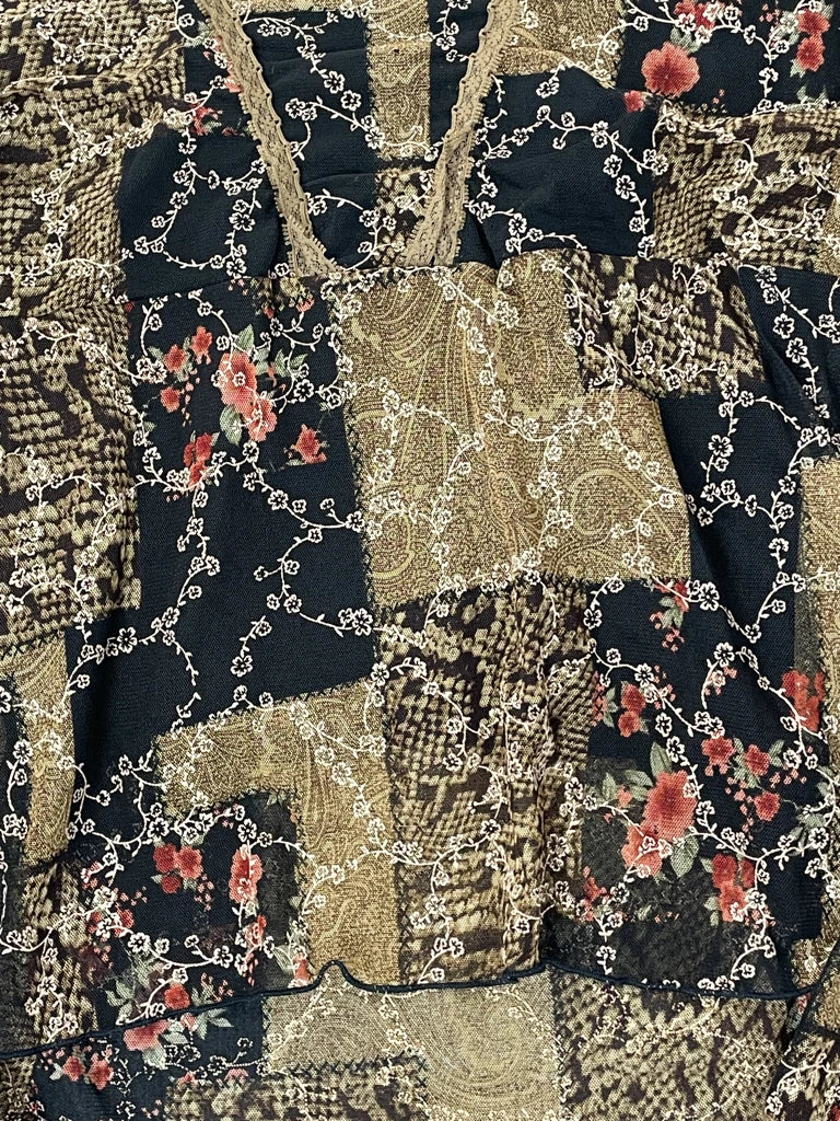 Earthtone Floral V-Neck Boho Blouse (S)