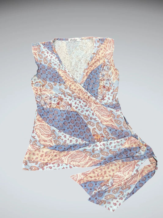 Beige Blue Paisley Wrap Top (M)