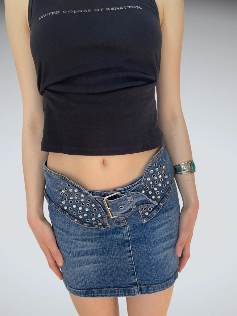 Edgy Low Rise Grommet Belt Denim Mini Skirt Fornarina (M)