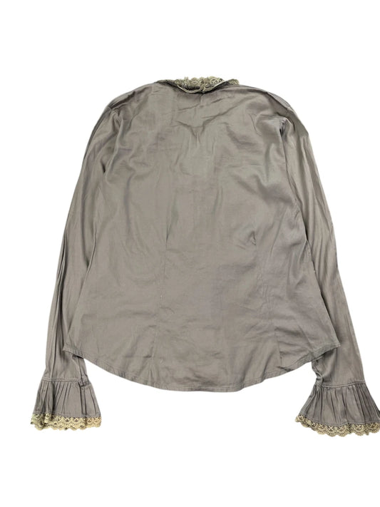 Grey Ruffled Button-Up Blouse with Lace Trim (L)