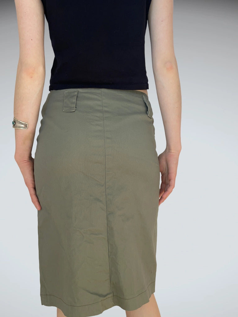 Vintage Olive Green Utility Button Midi Skirt Y2K Style (M)