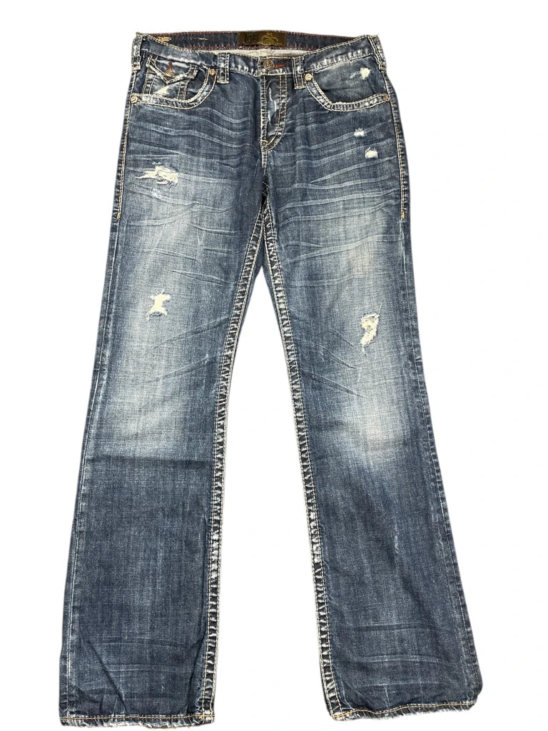 Vintage Distressed Bootcut Jeans with Embroidered Pockets (L)