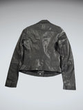 Vintage Black Genuine Leather Diagonal Zip Jacket Women (S)