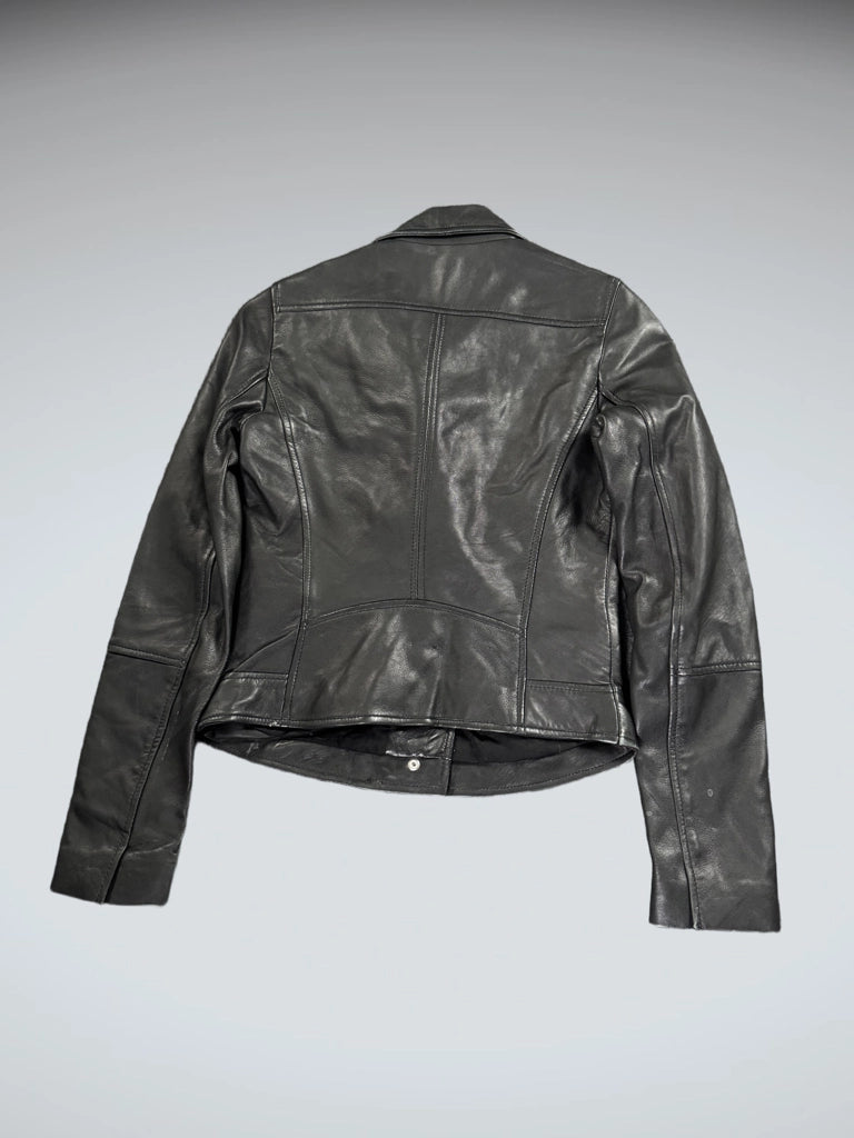 Vintage Black Genuine Leather Diagonal Zip Jacket Women (S)