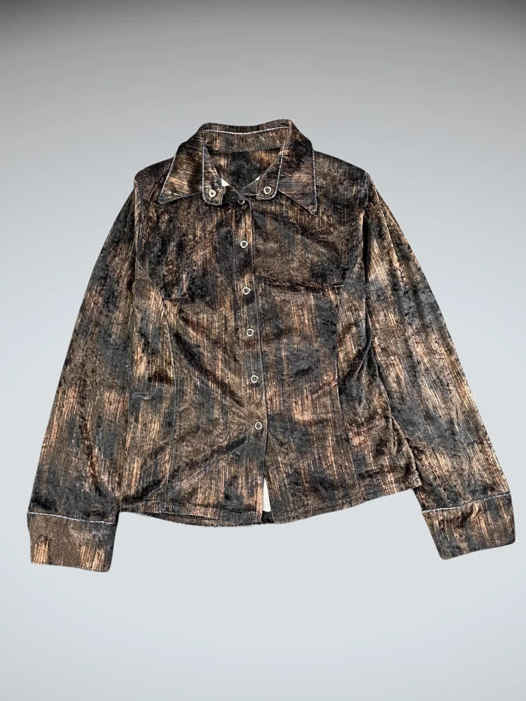 Brown and Black Abstract Velvet Button-Up Shirt (L)