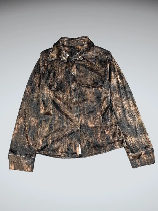 Brown and Black Abstract Velvet Button-Up Shirt (L)