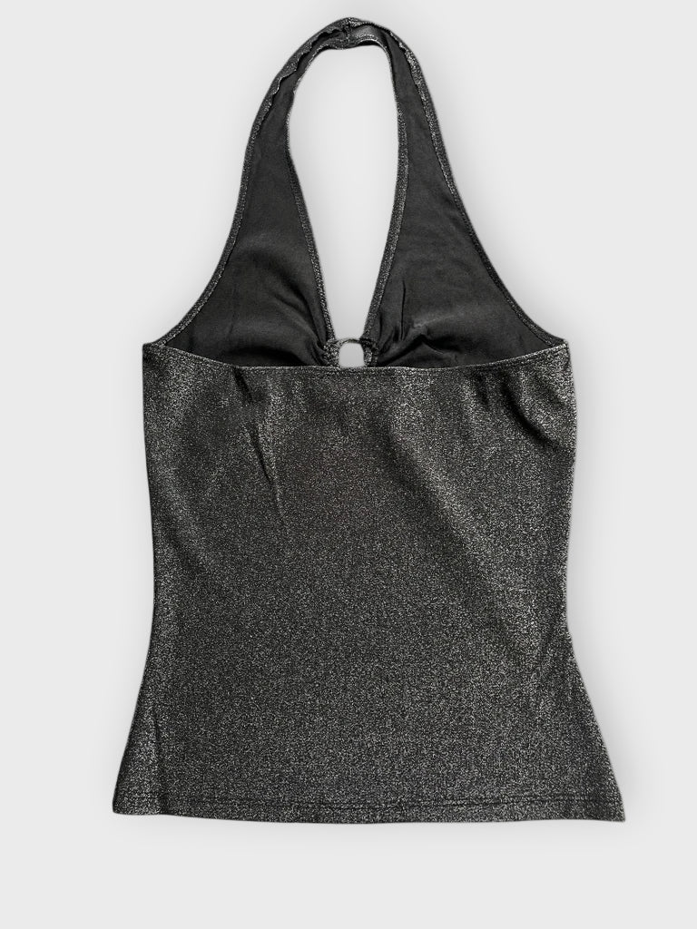 Shimmering Black Halter Top with Rhinestone Ring Accent (S)