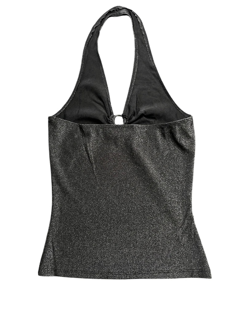 Shimmering Black Halter Top with Rhinestone Ring Accent (S)