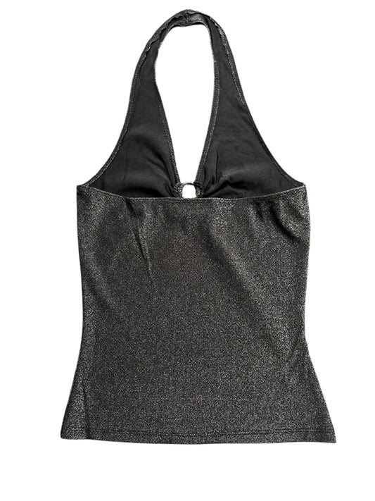 Shimmering Black Halter Top with Rhinestone Ring Accent (S)